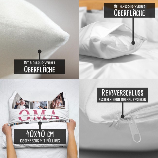 Kissen mit Fotocollage f&uuml;r Oma - Wei&szlig; flauschig