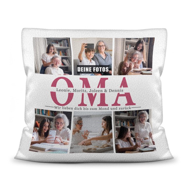 Kissen mit Fotocollage f&uuml;r Oma - Wei&szlig; flauschig