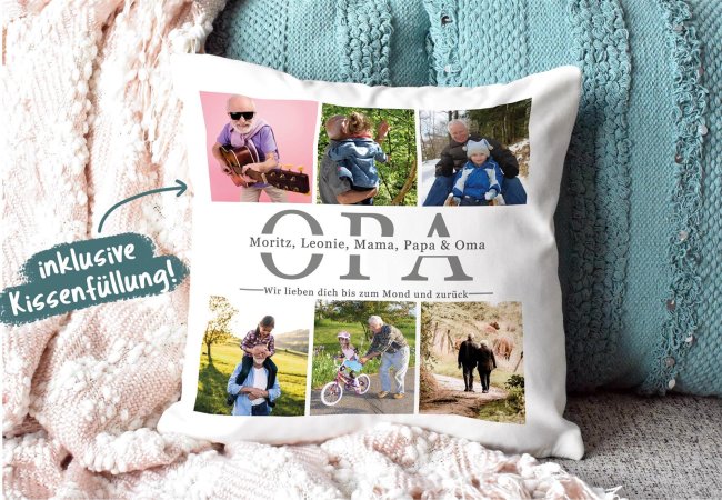 Kissen mit Fotocollage f&uuml;r Opa - Wei&szlig;