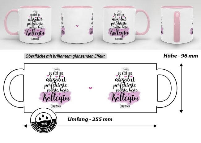 Tasse mit Name f&uuml;r die beste Kollegin - Innen &amp; Henkel Rosa