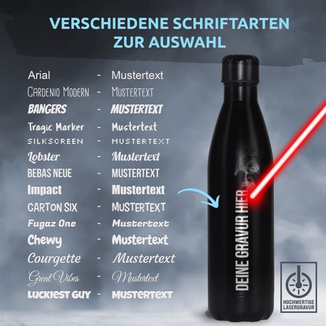 Edelstahl-Trinkflasche mit Namensgravur - schwarz matt - 750 ml