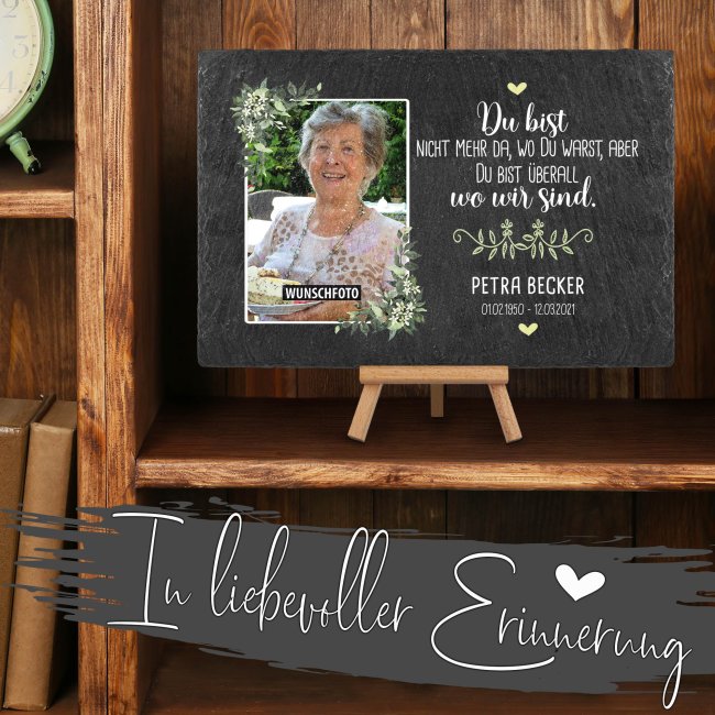 Schieferplatte mit Trauerbild &amp; Text - Du bist nicht mehr da