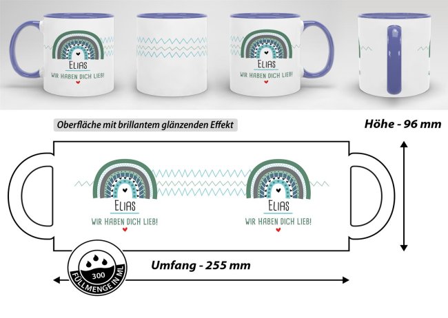 Namenstasse - Regenbogen blau/gr&uuml;n - Wir haben dich lieb - Innen &amp; Henkel Cambridge Blau