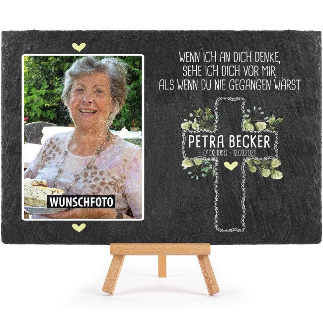 Schieferplatte mit Trauerbild, Name, Datum - Ich denke an dich