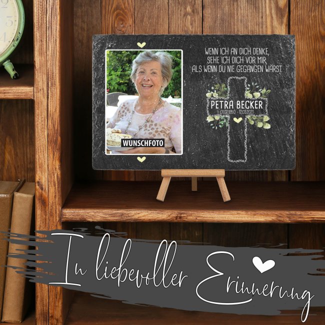Schieferplatte mit Trauerbild, Name, Datum - Ich denke an dich