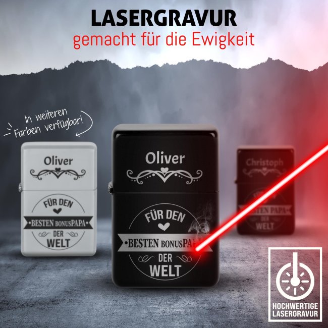 Benzin-Feuerzeug mit Name - Bester Bonuspapa -  Schwarz