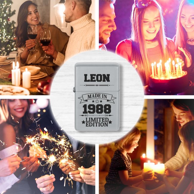 Benzin-Feuerzeug - Limited Edition - Silber - mit Name und Datum