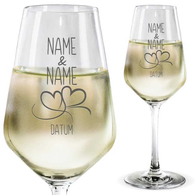 Weißweinglas - Herzen - mit Namen und Datum