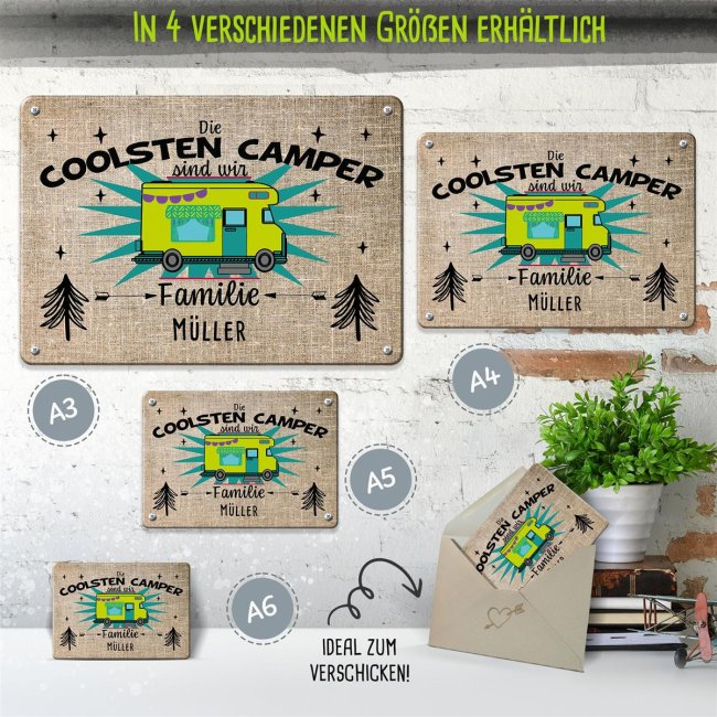 Blechschild f&uuml;r Wohnwagen - Wir sind die coolsten Camper - mit Name - A4 Querformat