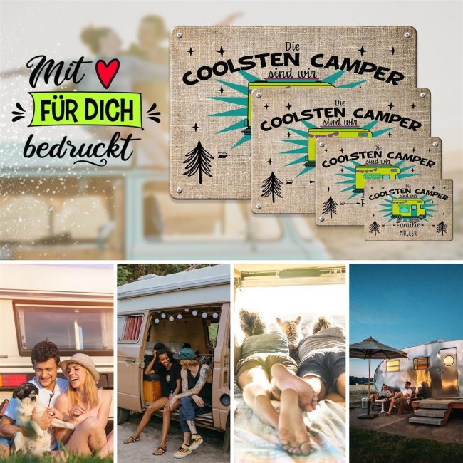 Blechschild f&uuml;r Wohnwagen - Wir sind die coolsten Camper - mit Name - A4 Querformat