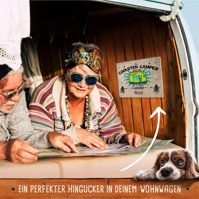 Blechschild f&uuml;r Wohnwagen - Wir sind die coolsten Camper - mit Name - A4 Querformat