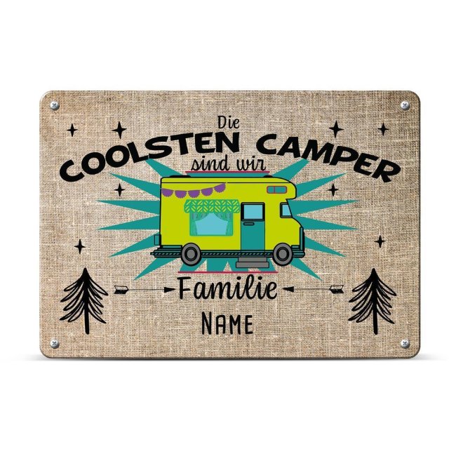 Blechschild f&uuml;r Wohnwagen - Wir sind die coolsten Camper - mit Name - A4 Querformat