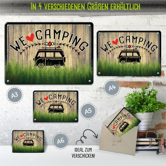 Blechschild Camping - We love Camping - A6 Querformat
