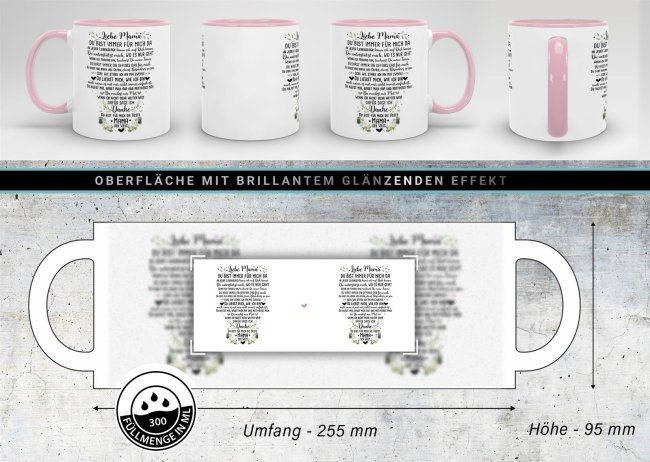 Keramik Tasse - Danke Mama Innen &amp; Henkel Rosa