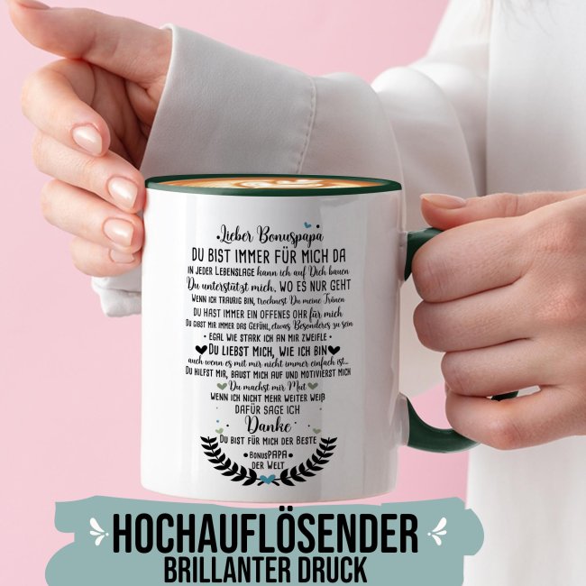 Keramik Tasse - Danke Bonuspapa Innen &amp; Henkel Dunkelgr&uuml;n