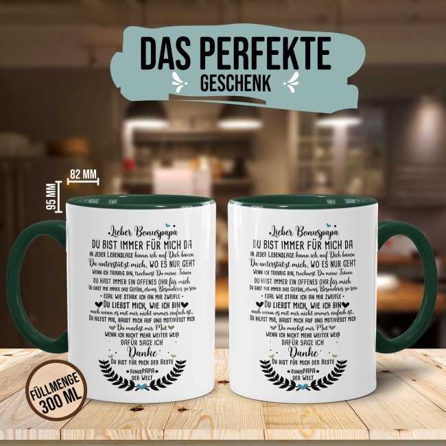 Keramik Tasse - Danke Bonuspapa Innen & Henkel Dunkelgrün