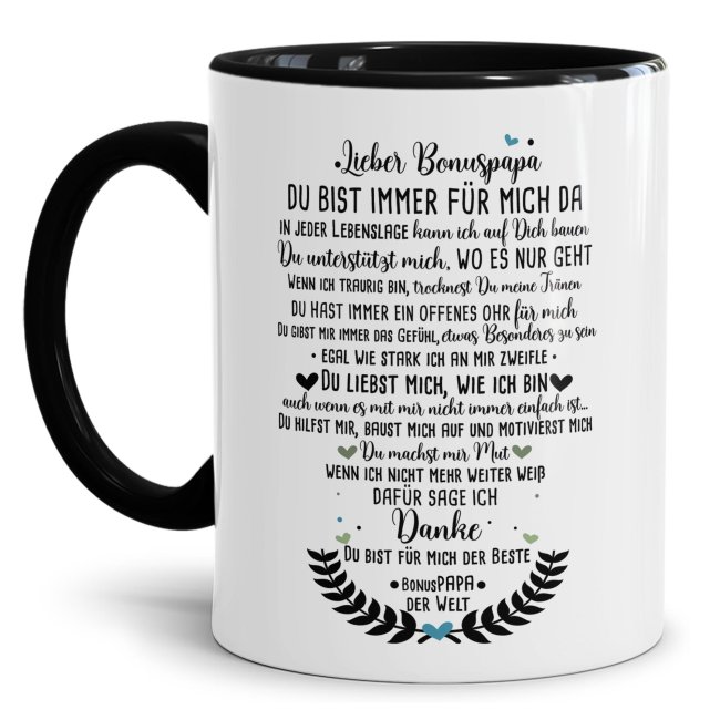 Keramik Tasse - Danke Bonuspapa Innen &amp; Henkel Schwarz