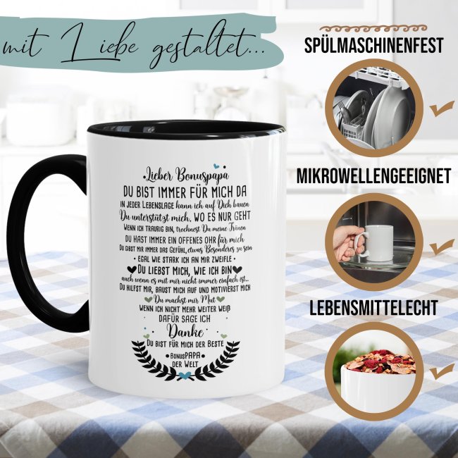 Keramik Tasse - Danke Bonuspapa Innen &amp; Henkel Schwarz