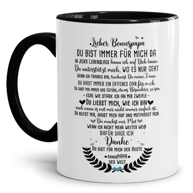 Keramik Tasse - Danke Bonuspapa Innen &amp; Henkel Schwarz