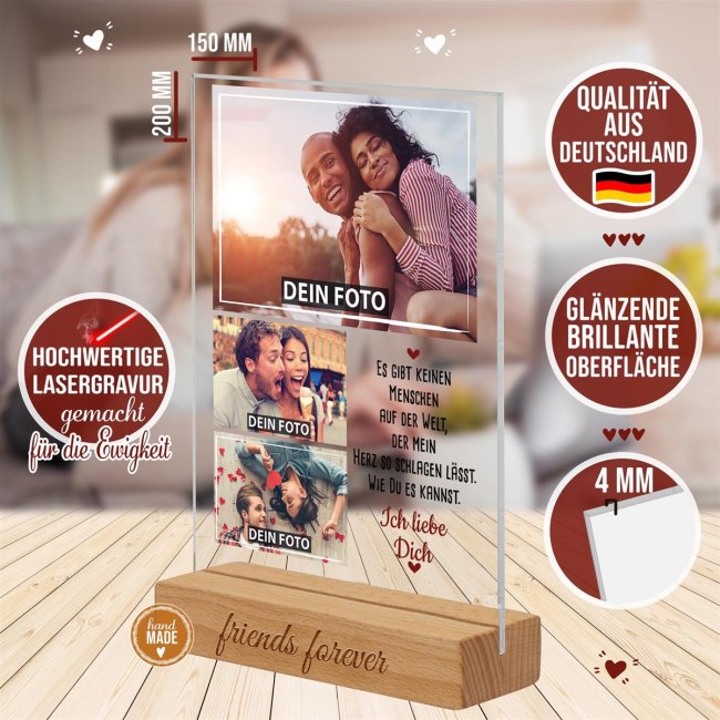 Fotoaufsteller mit Fotocollage und graviertem Holzsockel - Ich liebe Dich