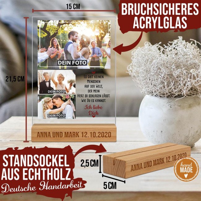 Fotoaufsteller mit Fotocollage und graviertem Holzsockel - Ich liebe Dich