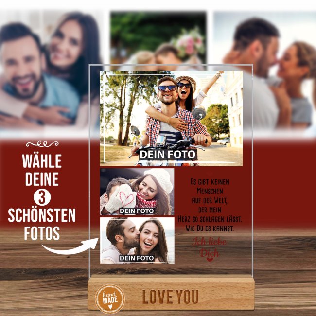 Fotoaufsteller mit Fotocollage und graviertem Holzsockel - Ich liebe Dich