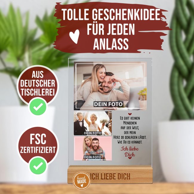 Fotoaufsteller mit Fotocollage und graviertem Holzsockel - Ich liebe Dich