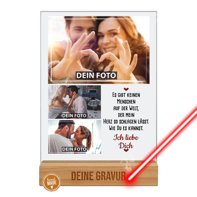 Fotoaufsteller mit Fotocollage und graviertem Holzsockel - Ich liebe Dich
