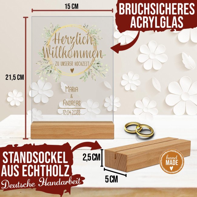 Acrylaufsteller als Tischdeko zur Hochzeit - Blumenkranz - mit Namen und Datum
