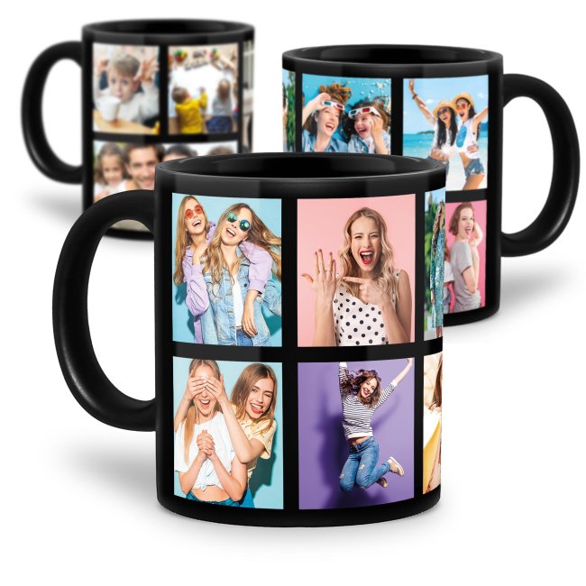 Schwarze Tasse mit Fotocollage - verschiedene Designs
