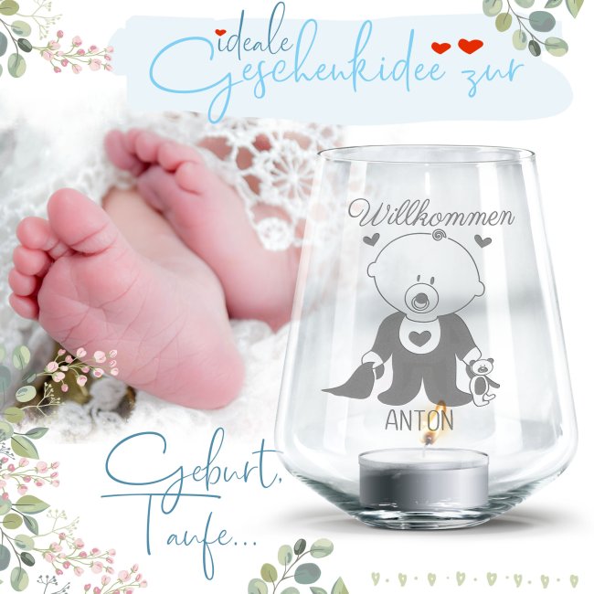 Windlicht mit Gravur zur Geburt - Willkommen Baby - mit Name