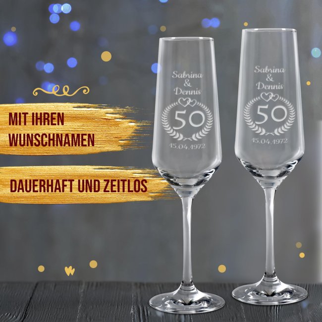 Sektglas mit Gravur - Goldene Hochzeit - mit Namen und Datum