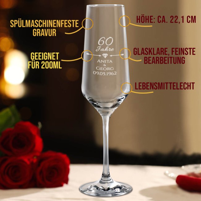 Sektglas mit Gravur - Diamantene Hochzeit - 60. Hochzeitstag - mit Namen
