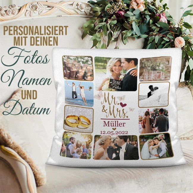 Fotokissen Hochzeitstag - Mr.&amp; Mrs. - mit Fotos, Familienname und Datum - Wei&szlig; flauschig-weich