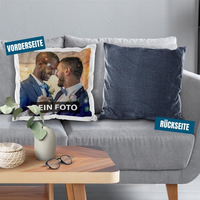 Fotokissen - R&uuml;ckseite Dunkelblau gemustert - mit F&uuml;llung