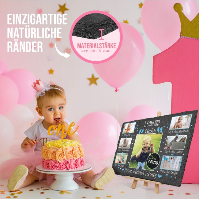 Schiefertafel mit Fotos - 1. Geburtstag - f&uuml;r Jungen - 20 x 30 cm - mit Staffelei