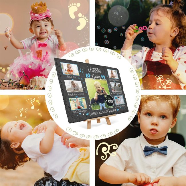 Schiefertafel mit Fotos - 1. Geburtstag - f&uuml;r Jungen - 20 x 30 cm - mit Staffelei
