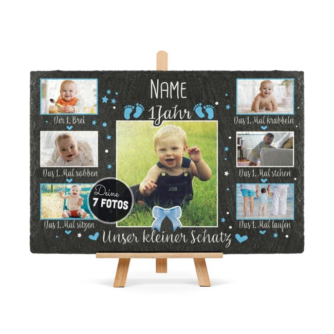 Schiefertafel mit Fotos - 1. Geburtstag - f&uuml;r Jungen - 20 x 30 cm - mit Staffelei