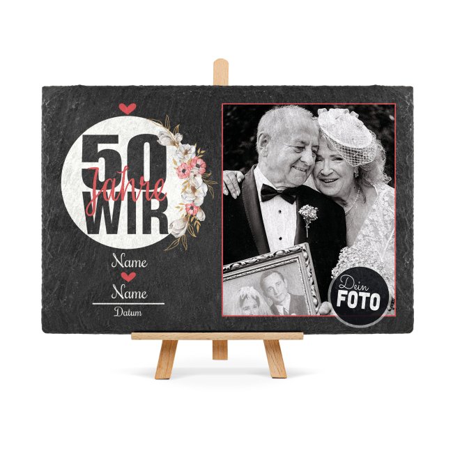 Foto auf Schieferstein - 50 Jahre - Goldene Hochzeit - mit Namen und Datum - 20 x 30 cm - mit Staffelei