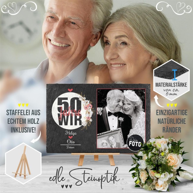 Foto auf Schieferstein - 50 Jahre - Goldene Hochzeit - mit Namen und Datum - 20 x 30 cm - mit Staffelei