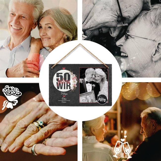 Foto auf Schieferstein - 50 Jahre - Goldene Hochzeit - mit Namen und Datum - 20 x 30 cm - mit Staffelei