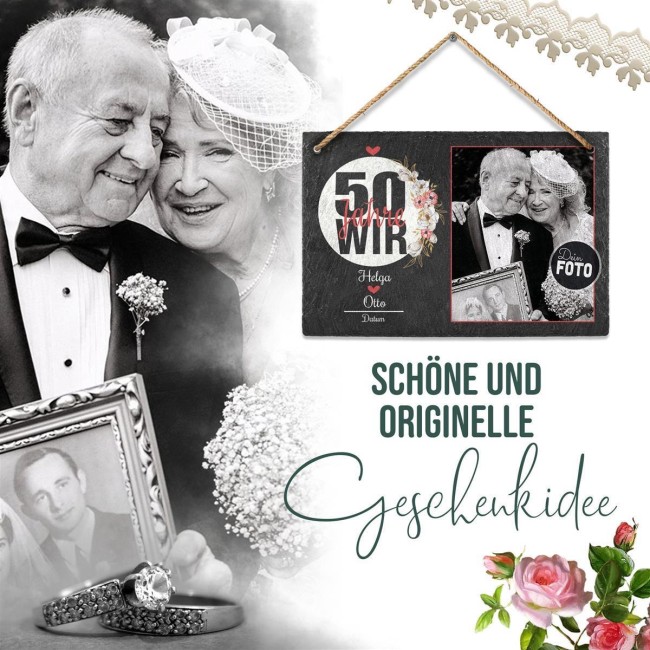 Foto auf Schieferstein - 50 Jahre - Goldene Hochzeit - mit Namen und Datum - 20 x 30 cm - mit Staffelei