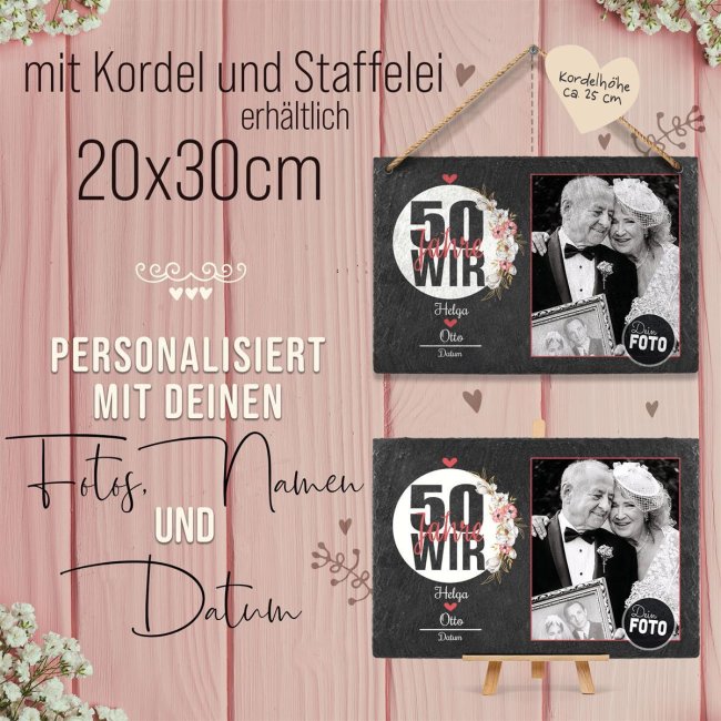 Foto auf Schieferstein - 50 Jahre - Goldene Hochzeit - mit Namen und Datum - 20 x 30 cm - mit Staffelei