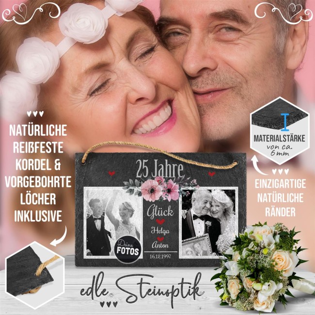 Schiefertafel mit Fotos zur Silberhochzeit - 25 Jahre - 20 x 30 cm - zum Aufh&auml;ngen