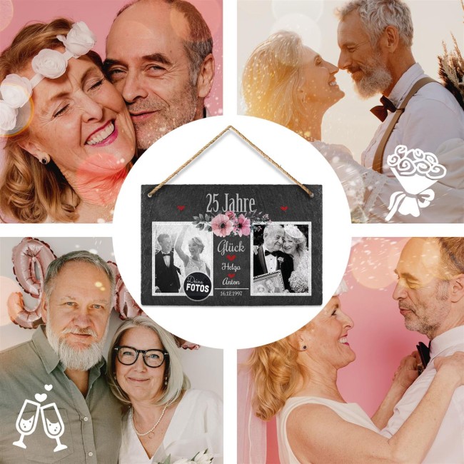 Schiefertafel mit Fotos zur Silberhochzeit - 25 Jahre - 20 x 30 cm - zum Aufh&auml;ngen