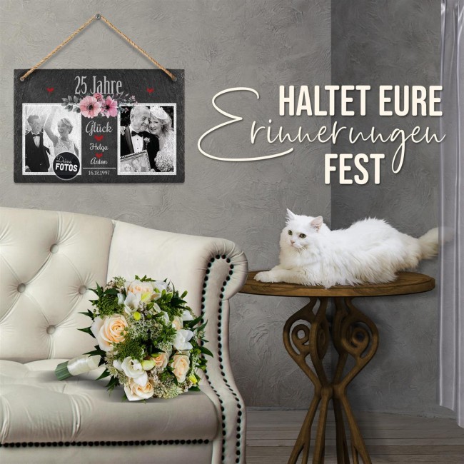 Schiefertafel mit Fotos zur Silberhochzeit - 25 Jahre - 20 x 30 cm - zum Aufh&auml;ngen