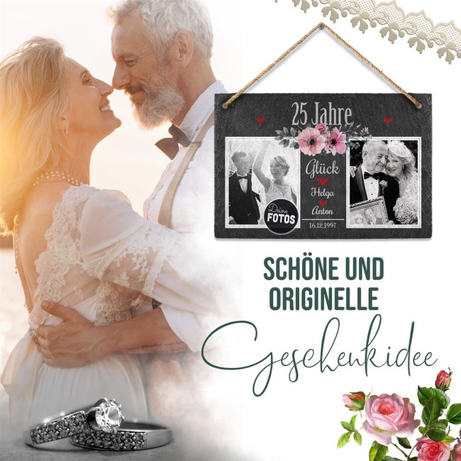 Schiefertafel mit Fotos zur Silberhochzeit - 25 Jahre - 20 x 30 cm - zum Aufh&auml;ngen