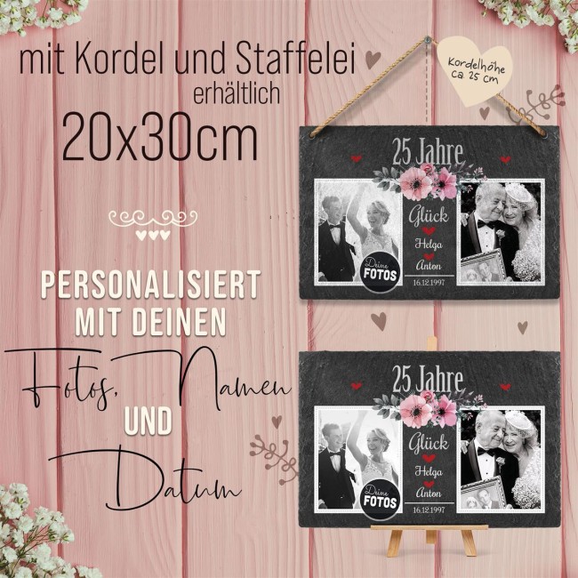 Schiefertafel mit Fotos zur Silberhochzeit - 25 Jahre - 20 x 30 cm - zum Aufh&auml;ngen