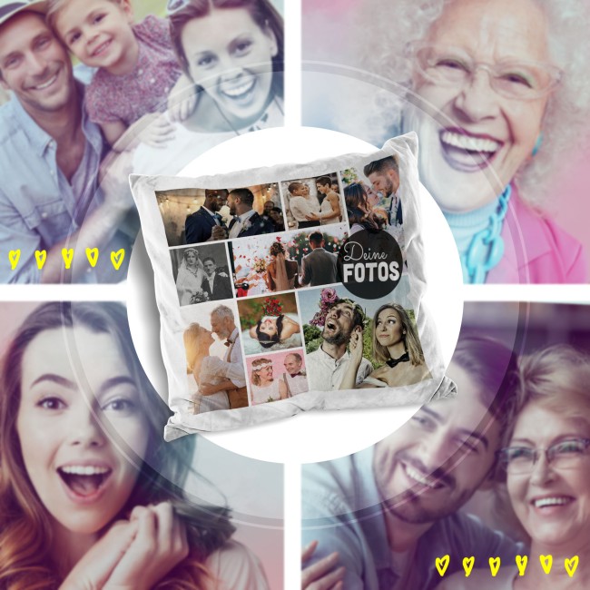 Kissen mit Fotocollage f&uuml;r 9 Fotos - R&uuml;ckseite Wei&szlig; Flauschig