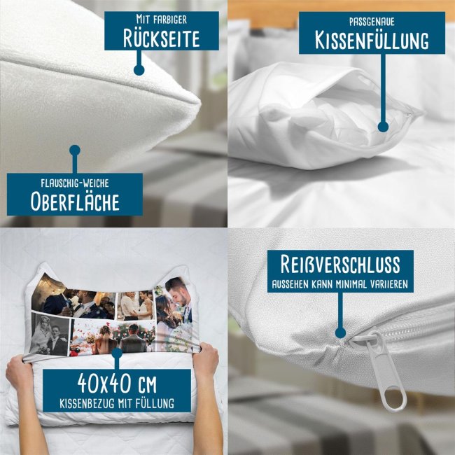 Kissen mit Fotocollage f&uuml;r 9 Fotos - R&uuml;ckseite Wei&szlig; Flauschig
